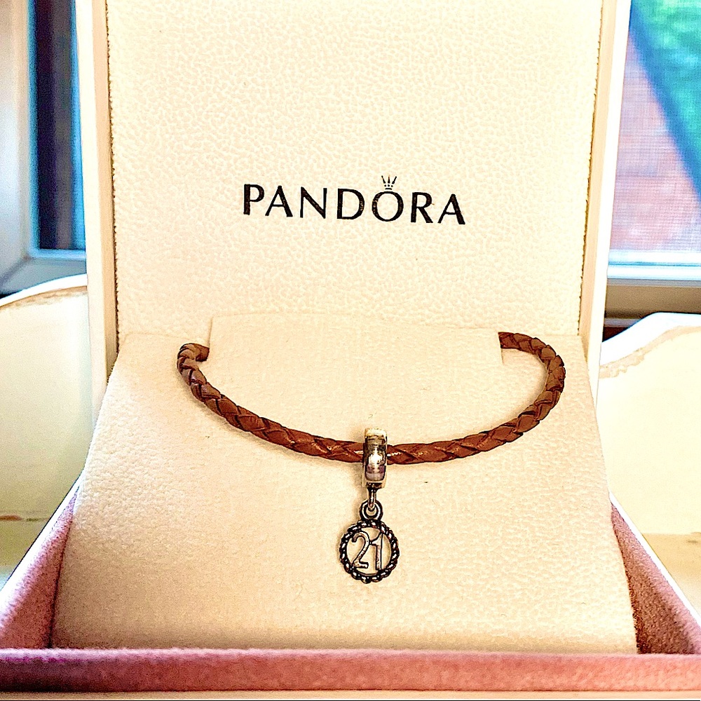 New Pandora 21st Charm Leather Strand Bracelet